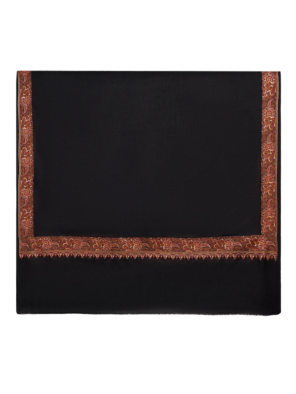 Classic Woolen Mens Shawl with Embroidered Border in Rich Black (80 x 40 Inches)