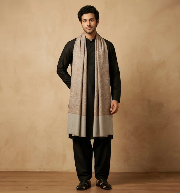 Mir-e-Khas Kashmiri Sozni Jaal Grey Shawl for Men – Wool Blend