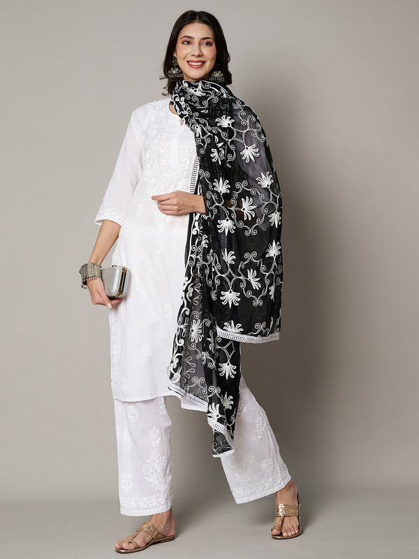 Black Karachi Chiffon Dupatta with Elegant Thread Embroidery (Size: 2.5x1 m Approx)