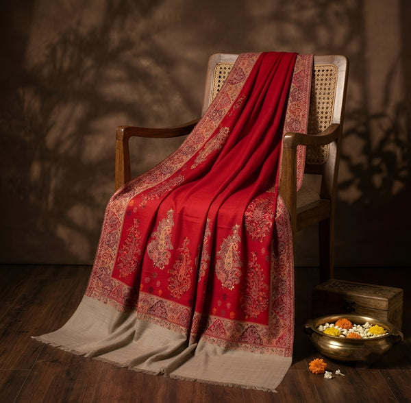 Naqsh-e-Kashmir Woven Kani Jacquard Paisley Red Shawl with Inner Bootas & Solid Panel
