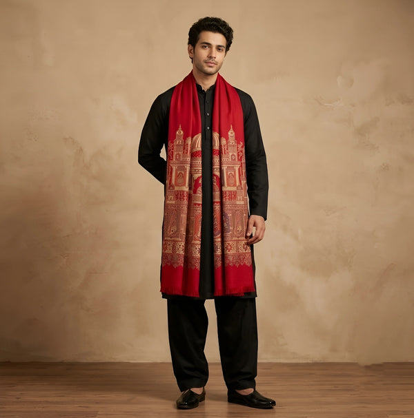 Mir-e-Khas Men's Mughal Palace Scenic Jacquard Woven Red Shawl with Zari Work
