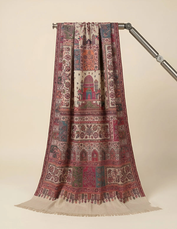 Regal Kani Weave Mughal Architecture & Floral Garden Wool Blend Beige Stole