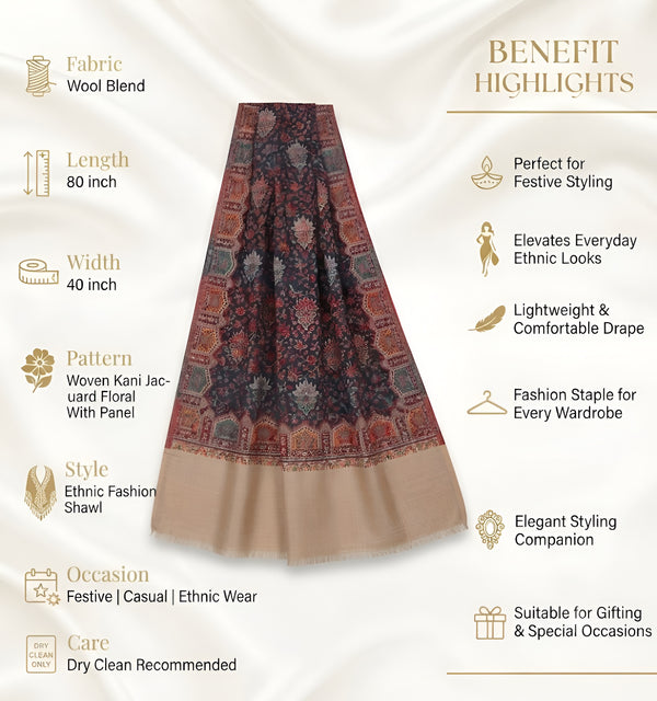 Naqsh-e-Kashmir Woven Kani Jacquard Floral Shawl with Traditional Beige Border & Panel