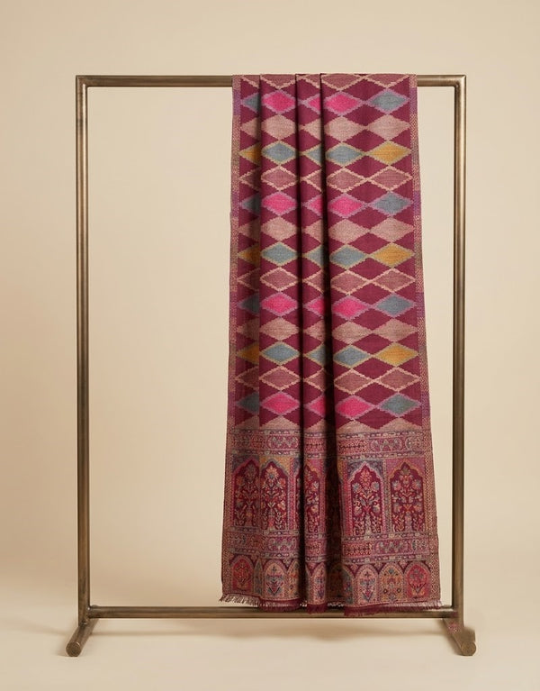 Reserve Mens Wool Blend Multicolor Geometric Diamond Jacquard Wine Stole with Mughal Floral Border