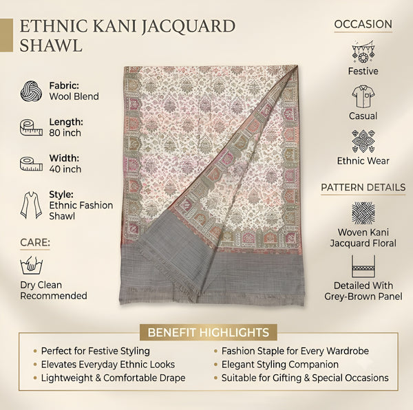 Naqsh-e-Kashmir Woven Kani Jacquard Floral Shawl with Traditional White Border & Panel