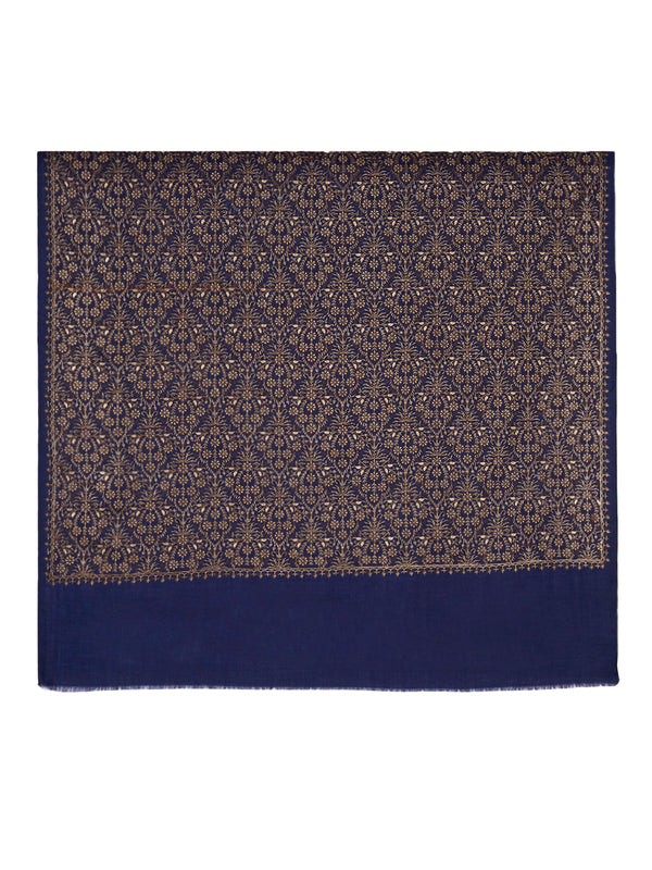 Woolen Mens Shawl in Blue with All-Over Floral Jaal Weave (80 x 40 Inches)