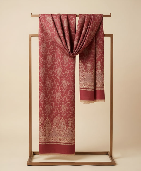 Timeless Mens Wool Blend All-Over Zari Jacquard Floral Trellis Red Stole