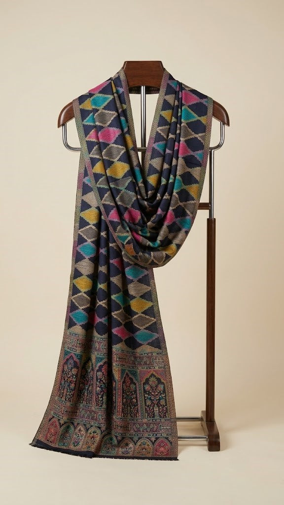 Signature Geometric Diamond Jacquard with Mughal Floral Border Wool Blend Blue Stole