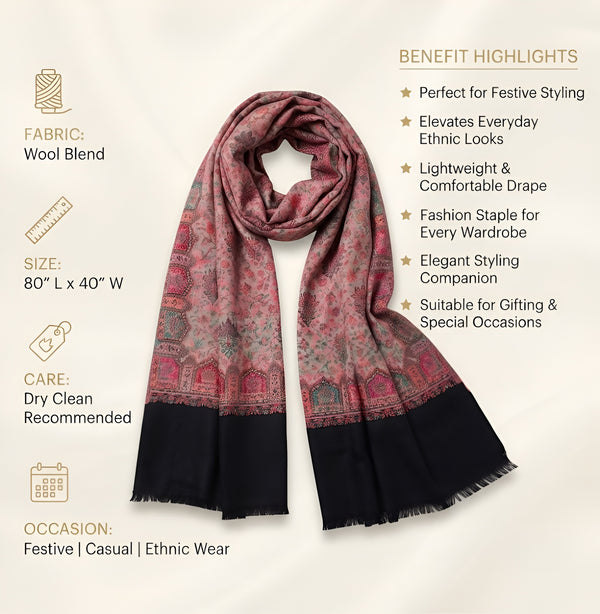 Naqsh-e-Kashmir Woven Kani Jacquard Floral Shawl with Traditional Black Border & Panel