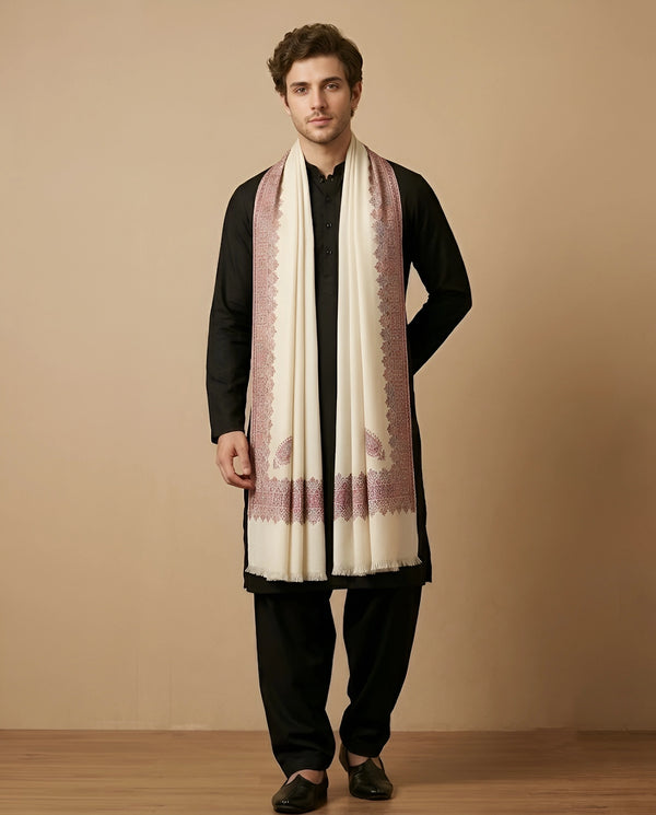 Mir-e-Khas Men's Kashmir-Inspired Kani Paisley & Geometric Border Wool Blend White Shawl