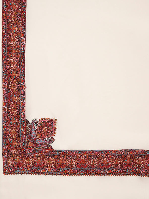 Woolen Women Shawl in Ivory with Multicolour Kashmiri-Inspired Embroidered Border (80 x 40 Inches)