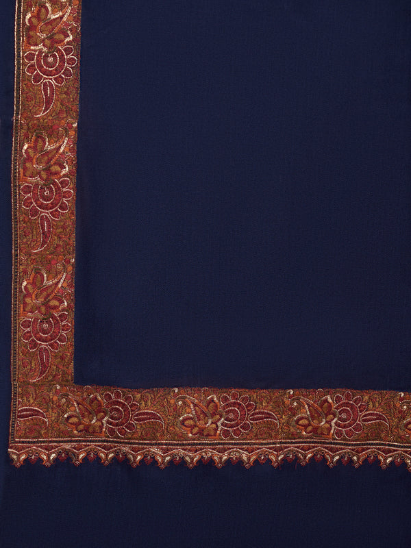 Woolen Women Shawl in Blue with Embroidered Traditional Border (80 x 40 Inches)