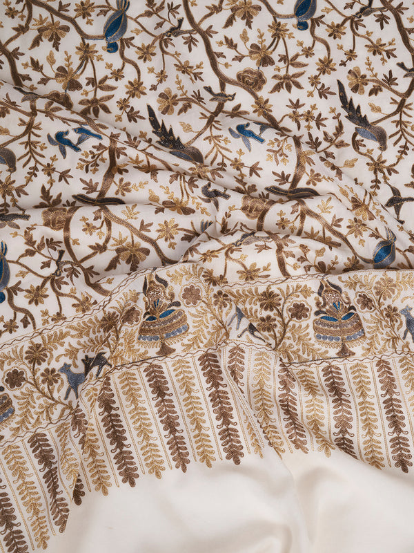 Woolen Women Shawl with Traditional Bird & Floral Jaal Motifs and Ornate Woven Border (80 x 40 Inches)