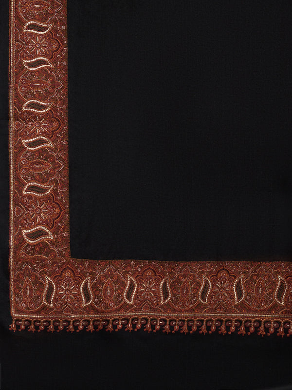 Woolen Women Shawl in Warm Black with Intricate Traditional Embroidered Border (80 x 40 Inches)