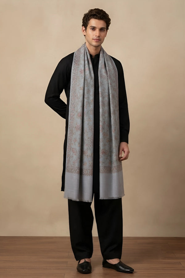 Mir-e-Khas Men's Kashmir-Inspired Jamawar Floral Paisley Vine Grey Shawl