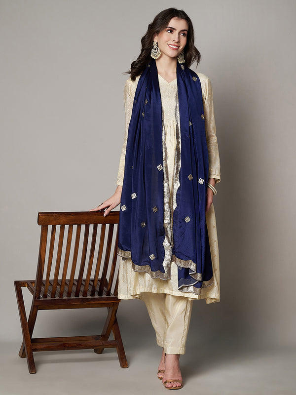 Blue Chiffon Dupatta with Gold Motif Embellishment & Scalloped Border (Size: 2.5x1 m Approx)