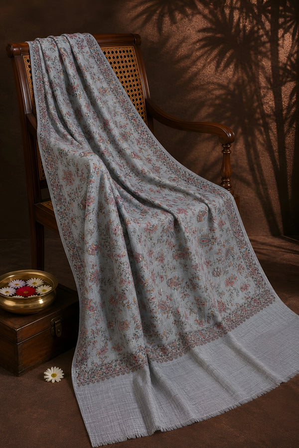Naqsh-e-Kashmir Inspired Jamawar Floral Paisley Vine Wool Blend Grey Shawl