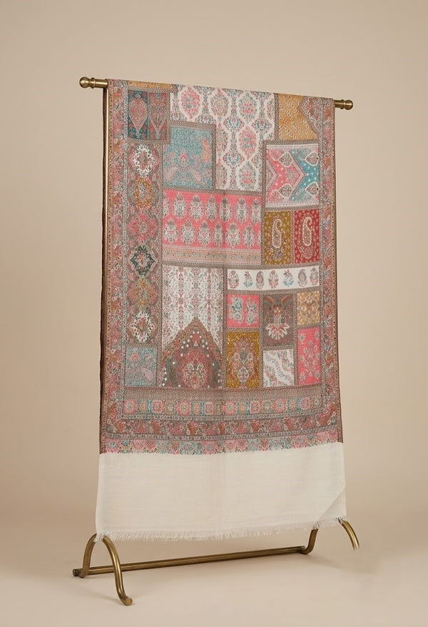 Noble Mens Patchwork Kani Jacquard Woven White Stole