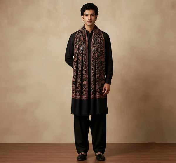 Mir-e-Khas Men's Kashmir-Inspired Jamawar Floral Paisley Vine Blue Shawl