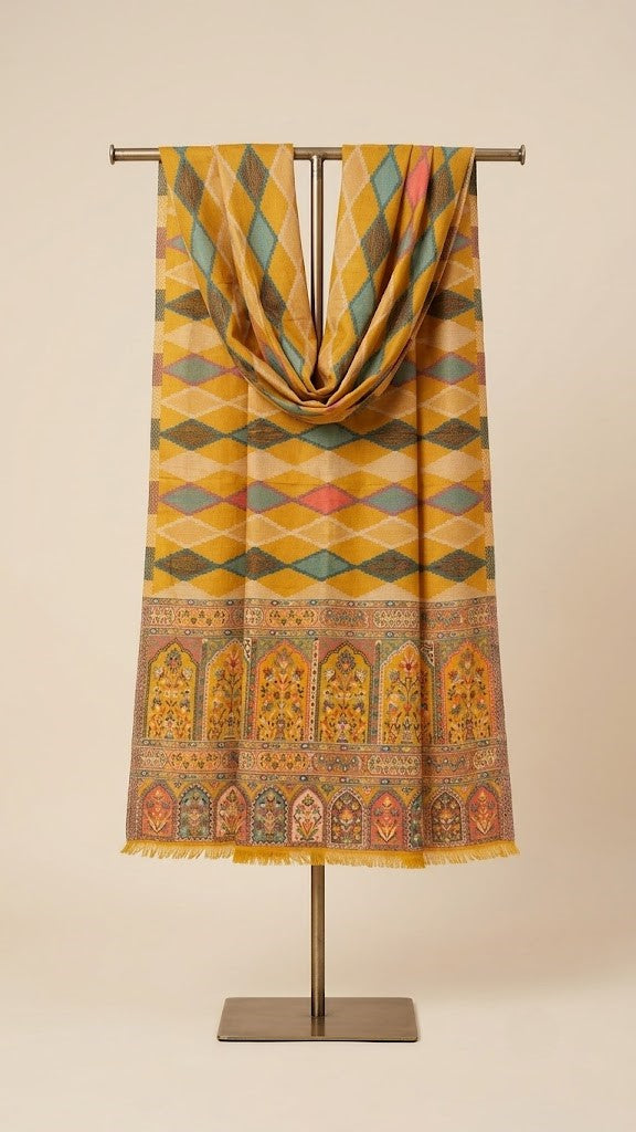 Reserve Mens Wool Blend Multicolor Geometric Diamond Jacquard Mustard Stole with Mughal Floral Border