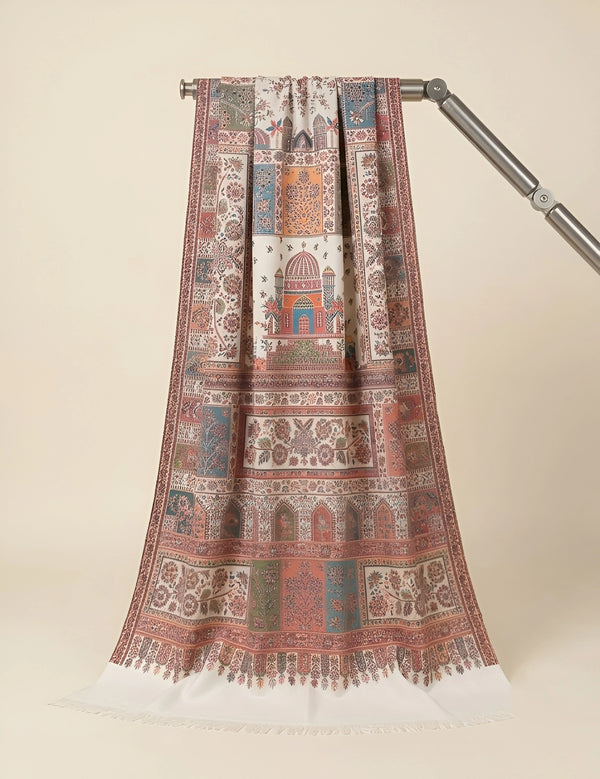 Regal Kani Weave Mughal Architecture & Floral Garden Wool Blend White Stole