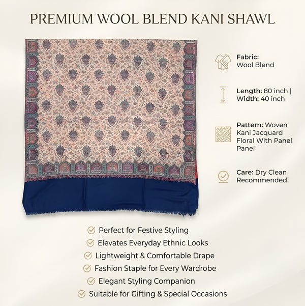 Naqsh-e-Kashmir Woven Kani Jacquard Floral Shawl with Traditional Blue Border & Panel