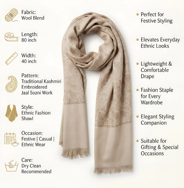 Naqsh-e-Kashmir Sozni Jaal Embroidered Beige Shawl | Traditional Kashmiri Wool Blend
