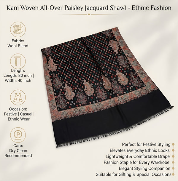 Naqsh-e-Kashmir Kani Woven All-Over Paisley Jacquard Black Shawl