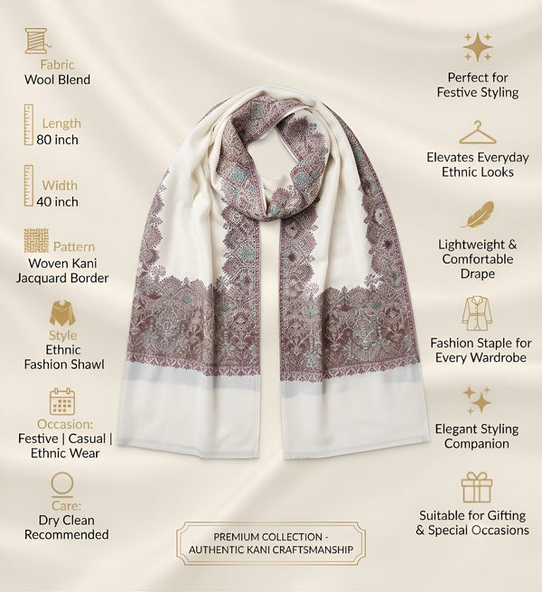 Naqsh-e-Kashmir Woven Kani Jacquard Border White Shawl | Wool Blend