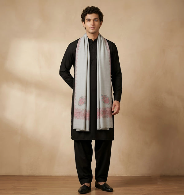 Mir-e-Khas Men's Kashmir-Inspired Kani Paisley & Geometric Border Wool Blend Grey Shawl