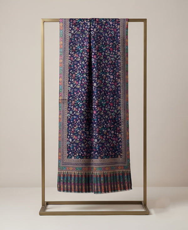 Reserve Mens All-Over Kalamkari Floral Print Bamboo Silk Blue Stole