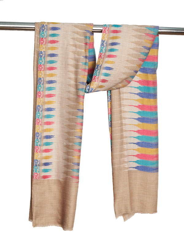 Woolen Women Stole with Ikat-Inspired Woven Motifs | Elegant Ethnic Wrap (80 × 28 Inches)