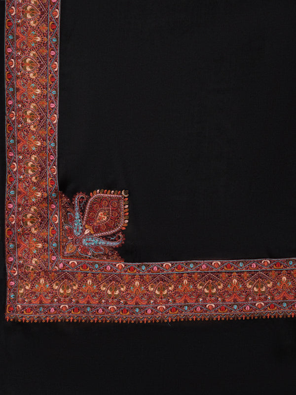 Woolen Women Shawl in Black with Multicolour Kashmiri-Inspired Embroidered Border (80 x 40 Inches)