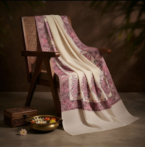 Naqsh-e-Kashmir Woven Kani Jacquard Paisley White Shawl with Inner Bootas & Solid Panel
