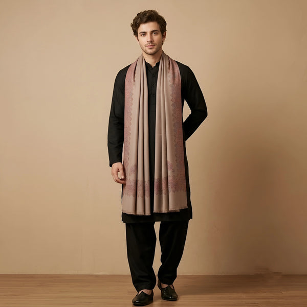 Mir-e-Khas Men's Kashmir-Inspired Kani Paisley & Geometric Border Wool Blend Brown Shawl