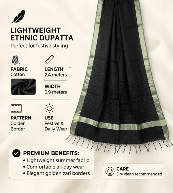 Cotton Mens Dupatta – Black with Golden Border & Tassel Finish