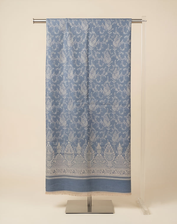 Everyday Wool Blend All-Over Zari Jacquard Woven Floral Trellis Blue Stole