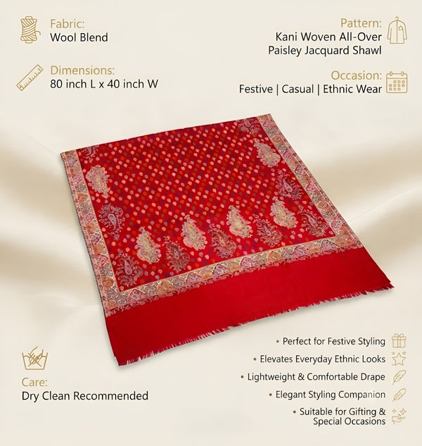 Naqsh-e-Kashmir Kani Woven All-Over Paisley Jacquard Red Shawl
