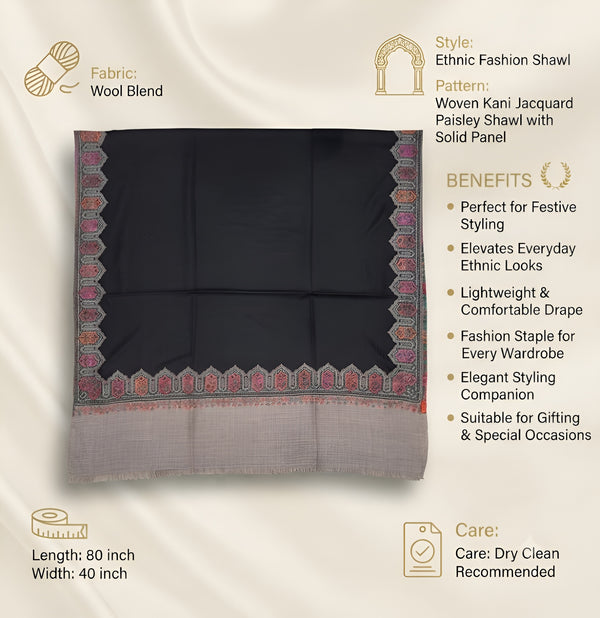 Naqsh-e-Kashmir Woven Kani Jacquard Black Shawl with Solid Panel & Traditional Border