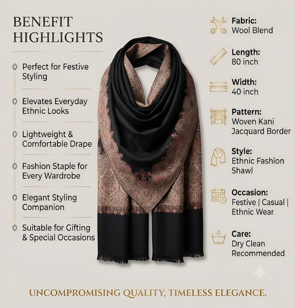 Naqsh-e-Kashmir Woven Kani Jacquard Border Black Shawl | Wool Blend