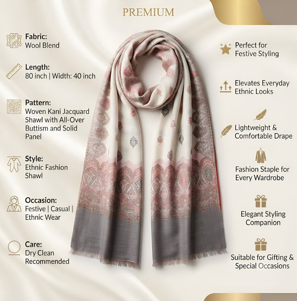 Naqsh-e-Kashmir Woven Kani Jacquard White Shawl with All-Over Buttis & Solid Panel
