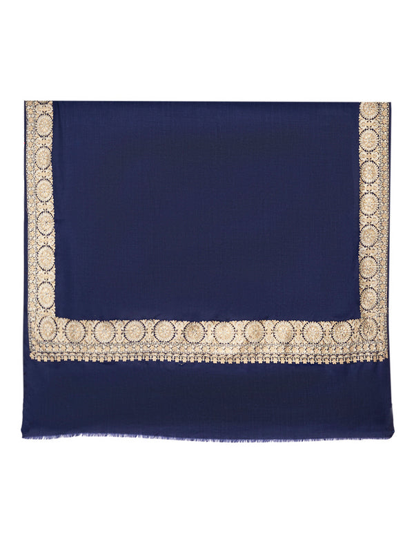 Navy Blue Woolen Women Shawl with Gold Border – 80x40 Inches