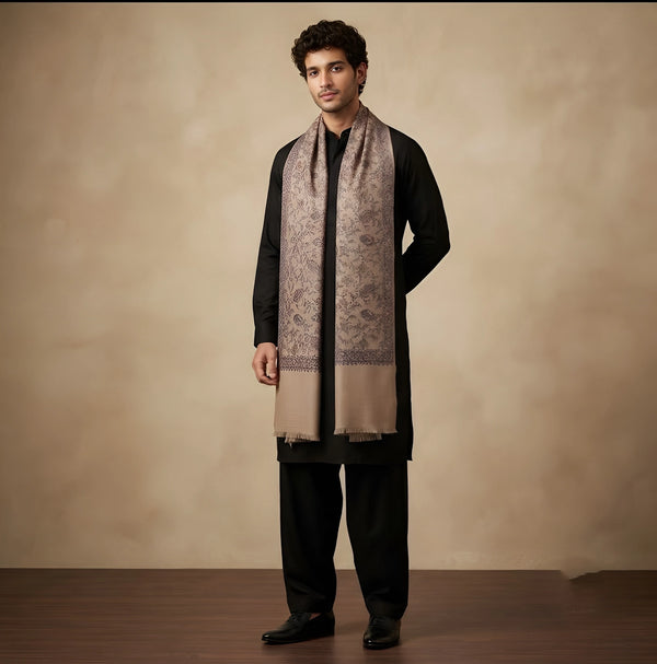 Mir-e-Khas Men's Kashmir-Inspired Jamawar Floral Paisley Vine Beige Shawl