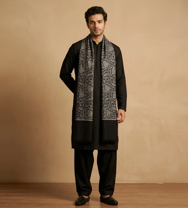 Mir-e-Khas Kashmiri Sozni Jaal Black Shawl for Men – Wool Blend