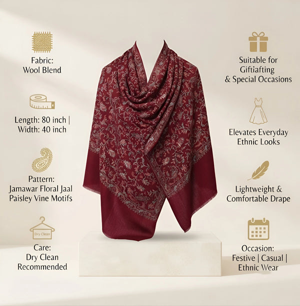 Naqsh-e-Kashmir Inspired Jamawar Floral Paisley Vine Wool Blend Maroon Shawl