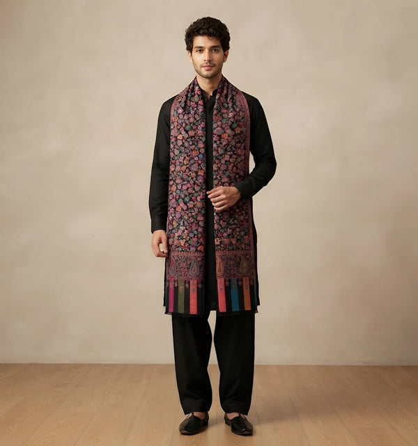 Mir-e-Khas Traditional Kashmiri Kani Weave Black Shawl for Men – Wool Blend