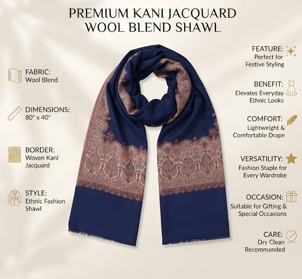 Naqsh-e-Kashmir Woven Kani Jacquard Border Blue Shawl | Wool Blend