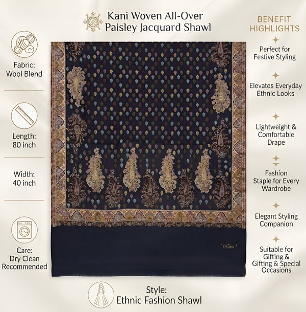 Naqsh-e-Kashmir Kani Woven All-Over Paisley Jacquard Blue Shawl