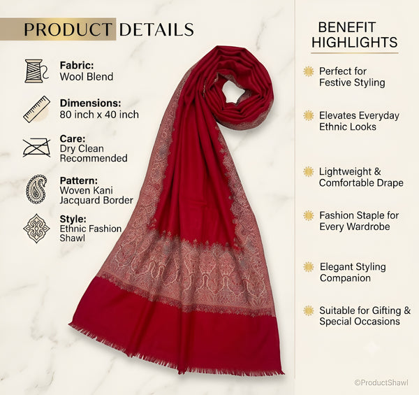 Naqsh-e-Kashmir Woven Kani Jacquard Border Maroon Shawl | Wool Blend