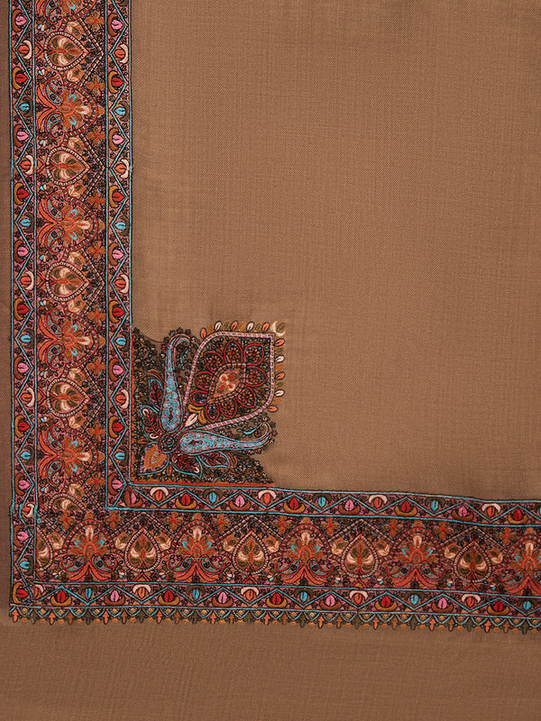 Woolen Women Shawl in Brown with Multicolour Kashmiri-Inspired Embroidered Border (80 x 40 Inches)